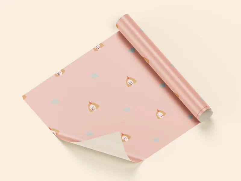 Roll of wrapping paper printed with the Bottega Lily character pattern on pink