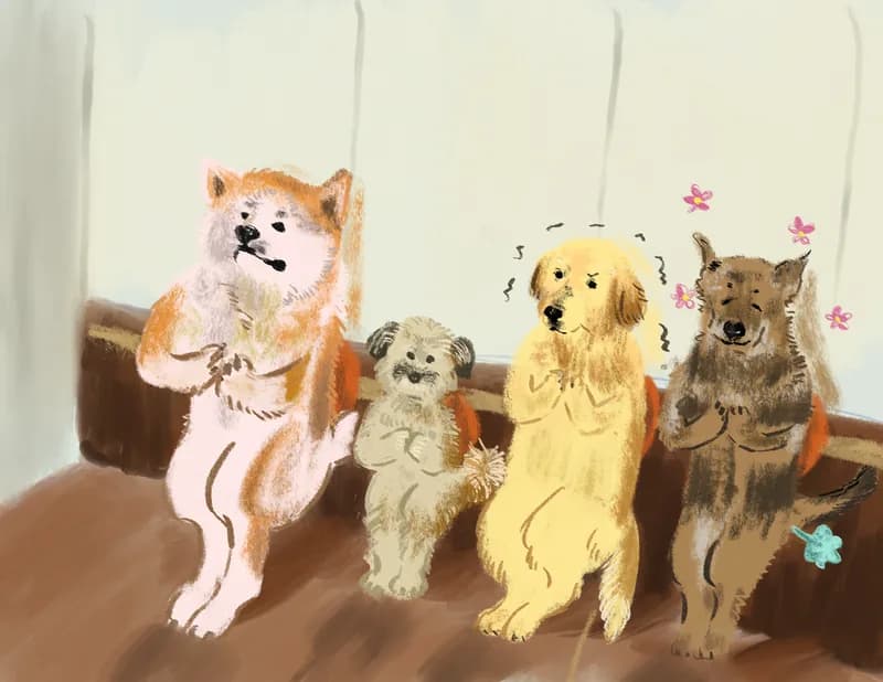 Illustration of four dogs sitting nervously in a row, paws pressed together