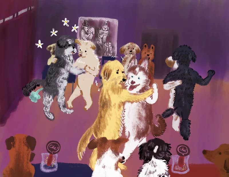 Illustration of a group of dogs dancing together at a party