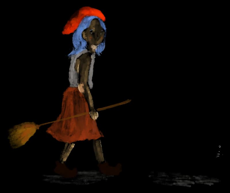 Illustration of a girl with blue hair sweeping with a broom beside a black cat