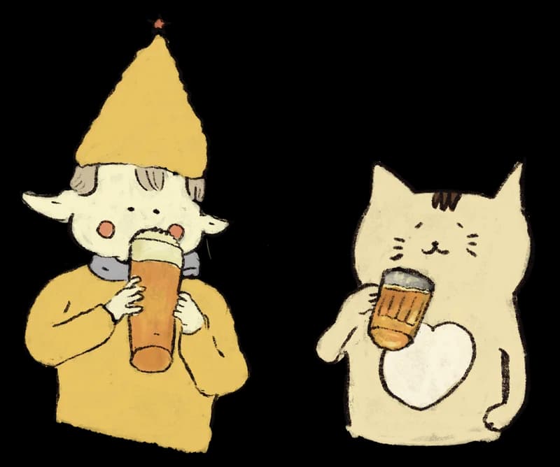 Illustration of a gnome and a cat drinking beer together
