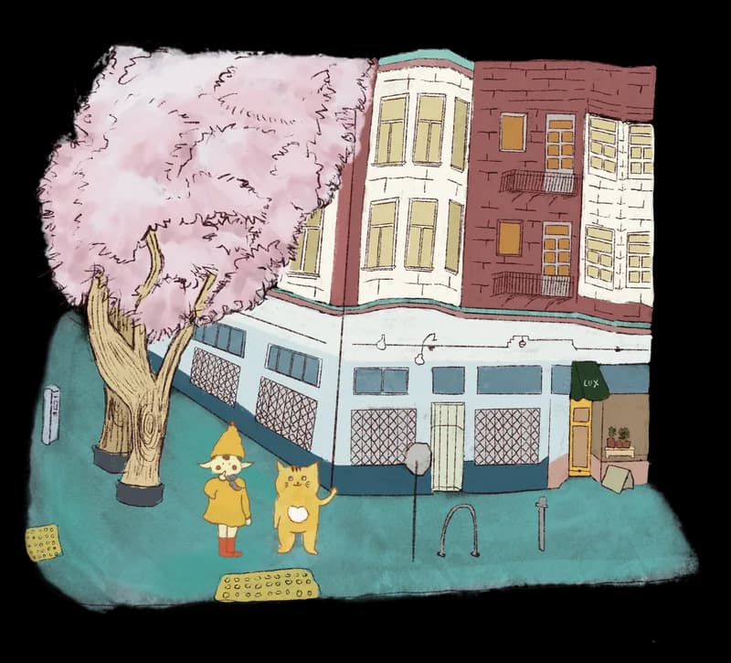Illustration of a gnome and a cat standing beneath a cherry blossom tree on a city street