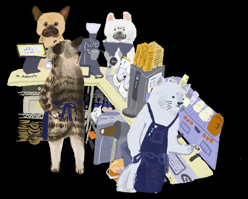 Illustration of dogs and cats working behind the counter of a shop