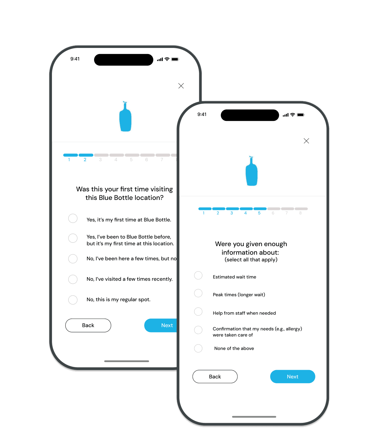 Two Blue Bottle survey screens: a visit-frequency question and a multi-select on whether customers were given enough information