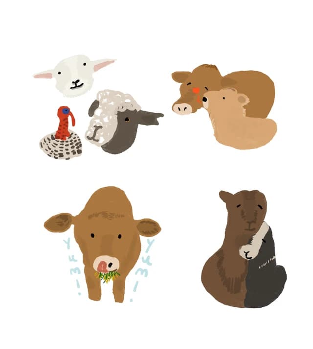 Illustrations of a turkey, sheep, calves and a cow eating grass