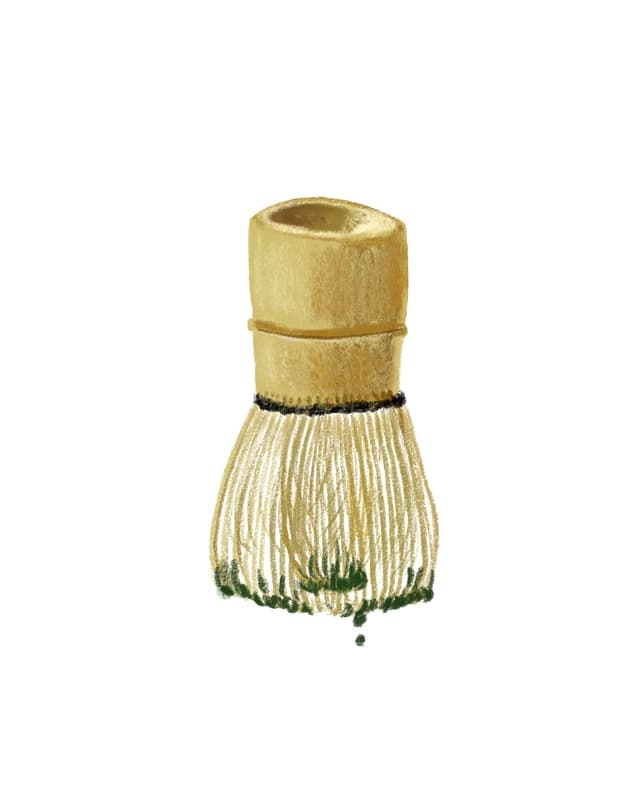 Illustration of a bamboo matcha whisk dripping green tea