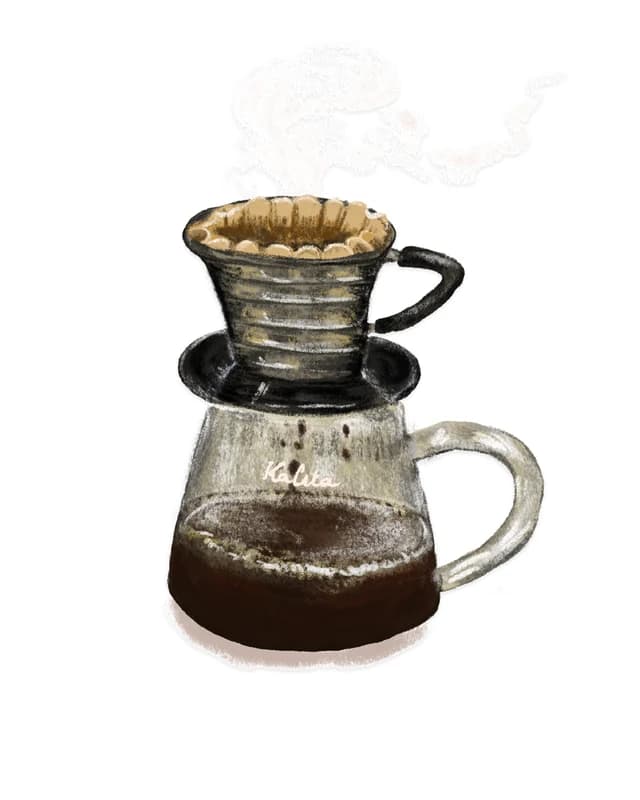 Illustration of a pour-over coffee set with a dripper and glass server
