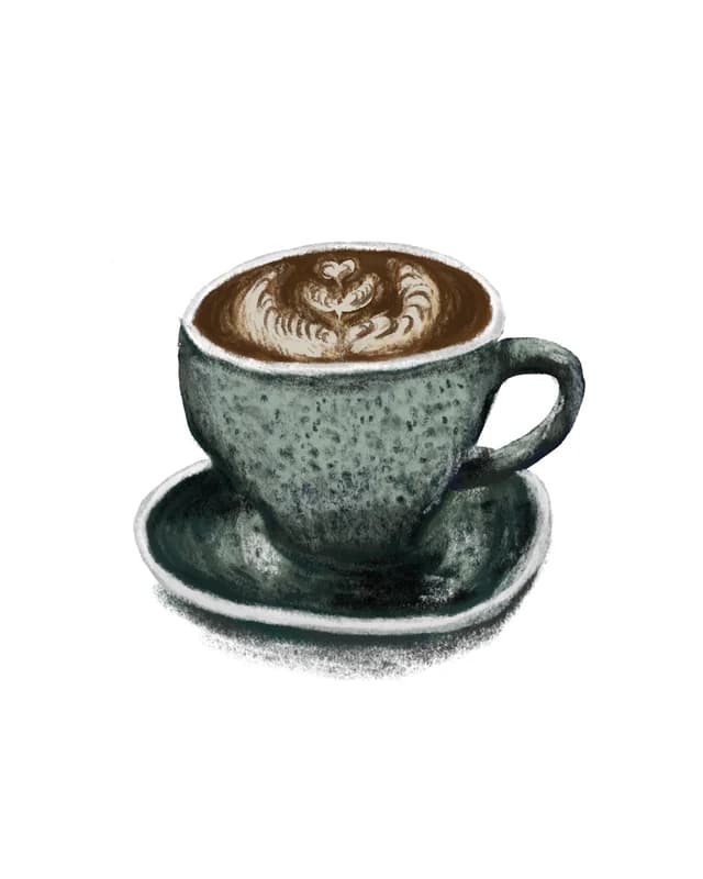 Illustration of a latte with latte art in a speckled cup and saucer