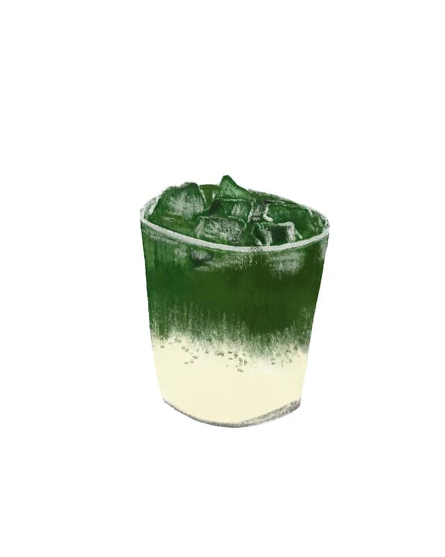 Illustration of an iced matcha latte in a tall glass