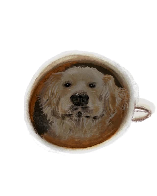 Illustration of a golden retriever's face in a cup of coffee