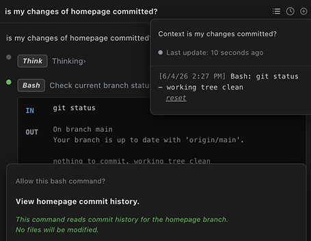 Claude Code chat interface mid-conversation, showing a Bash tool call and a permission prompt to allow running git status