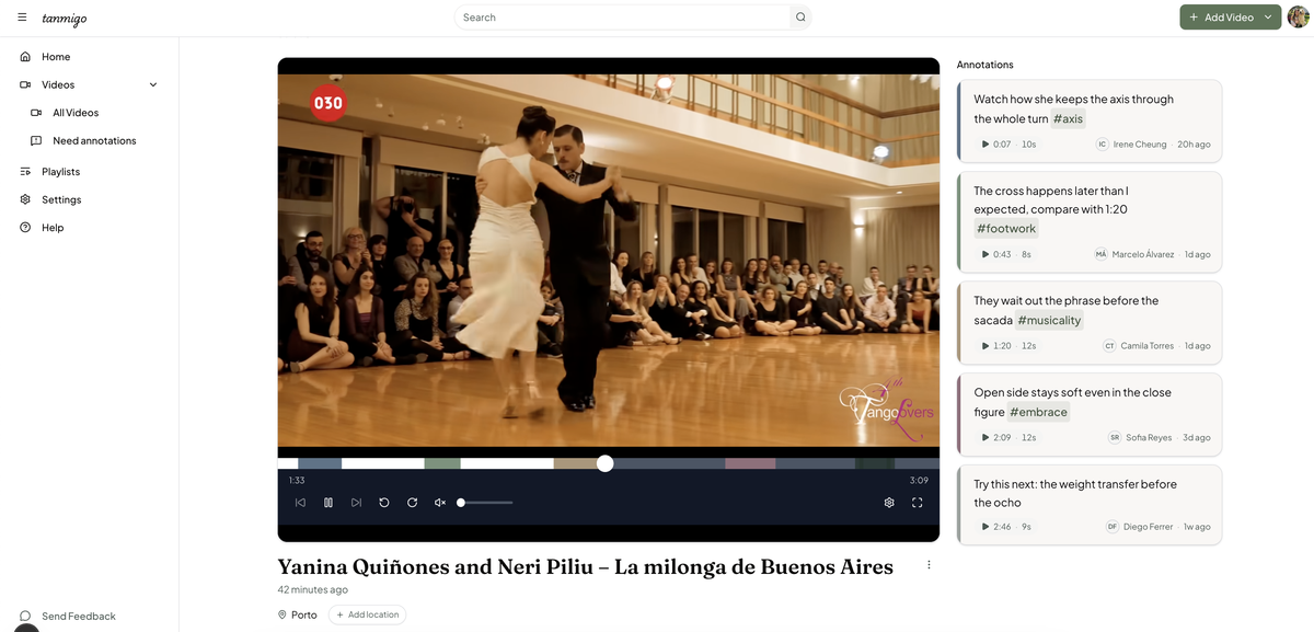 The live Tanmigo app showing a tango video alongside its timestamped annotations