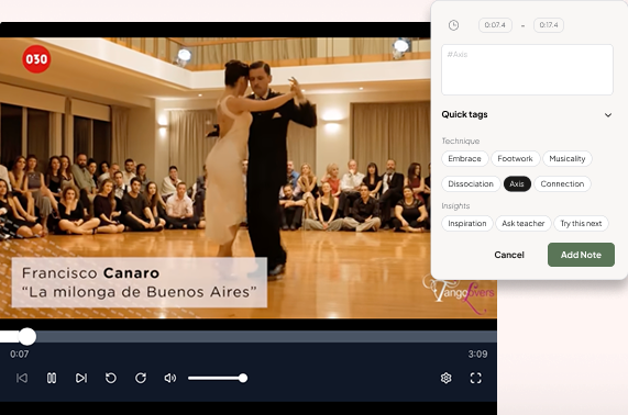 Tanmigo interface showing a tango video paired with an annotation panel for tagging embrace, footwork, and axis