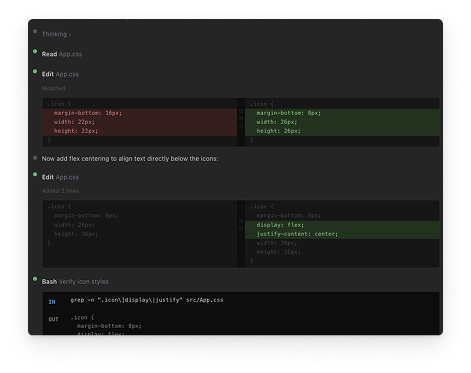 Claude Code activity feed showing raw thinking, read, and edit steps with no summary