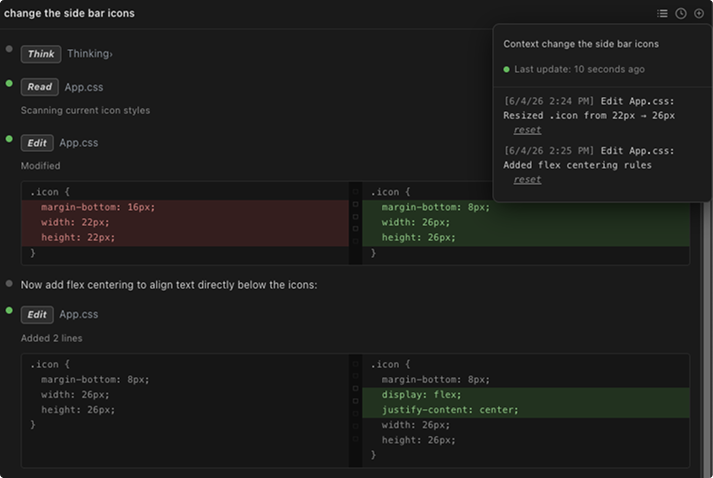 Proposed sidebar interface for changing icons, with a live change log panel tracking each edit