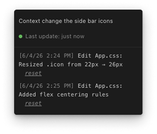 Close-up of the live change log panel showing timestamped edit history