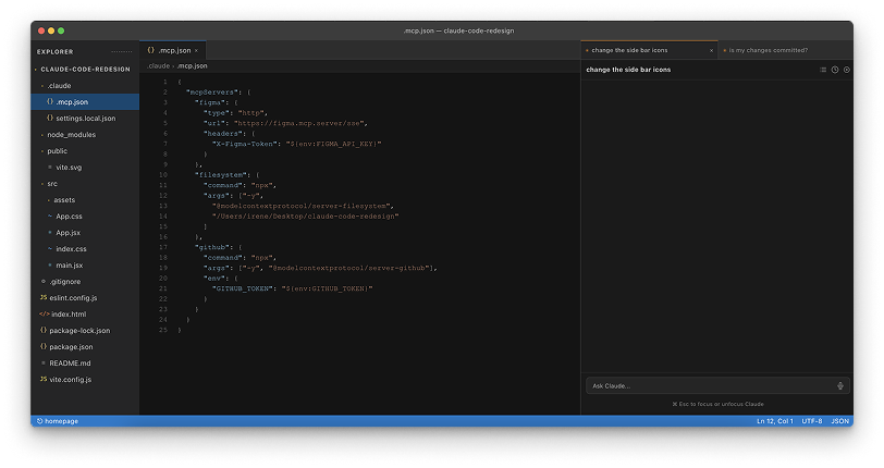Clickable prototype VS Code interface showing the change-the-side-bar-icons flow and MCP server configuration