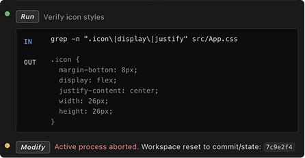 Verify icon styles run step showing the process aborted and workspace reset to a prior commit state