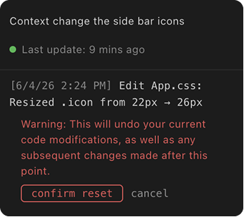 Reset confirmation warning explaining the action will undo current and subsequent code modifications