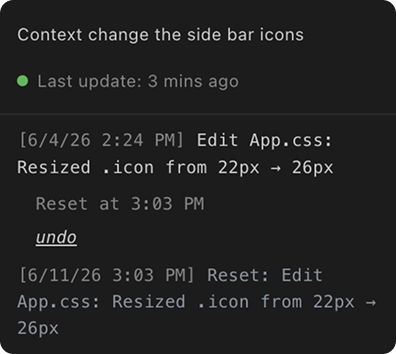 Change log entry showing an undo option after a reset action