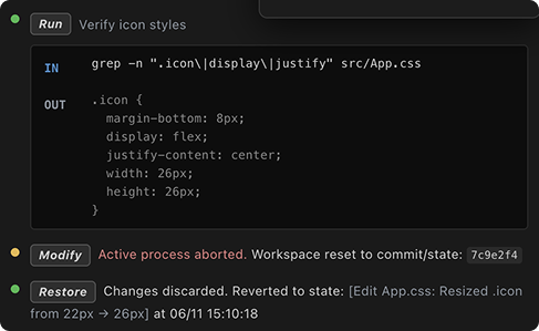 Change log showing the reset action and restored state still visible after changes are discarded