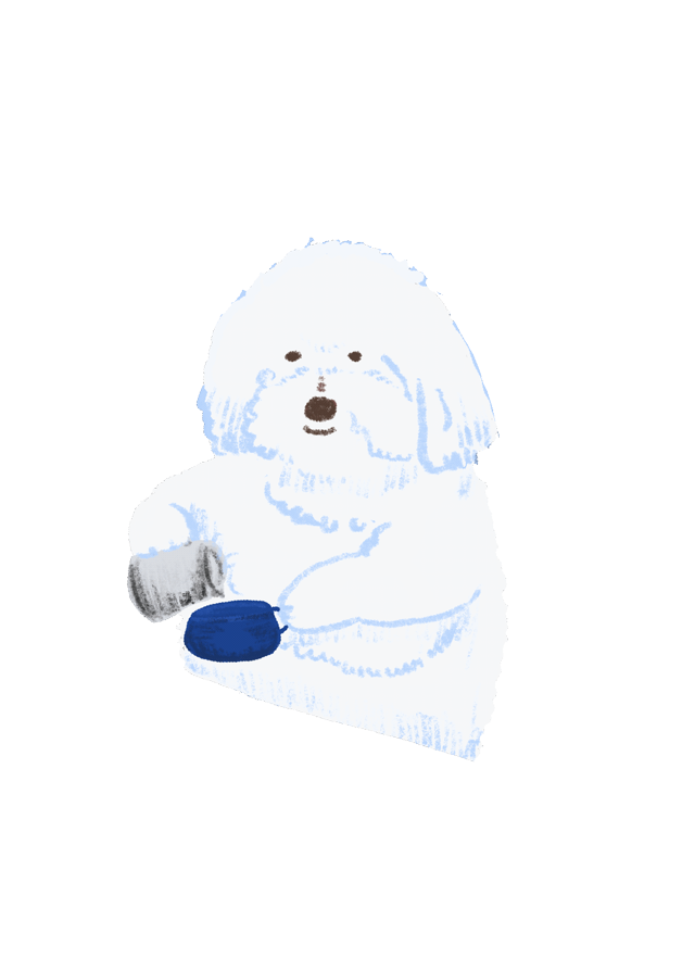 Looping animation of a fluffy white dog pouring food into a bowl