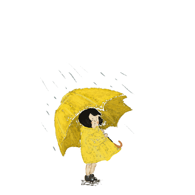 Looping animation of a girl in a yellow raincoat holding an umbrella in the rain