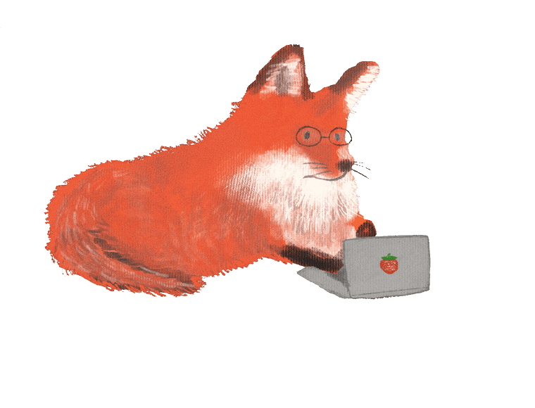 Illustration of a fox wearing glasses, typing on a laptop.