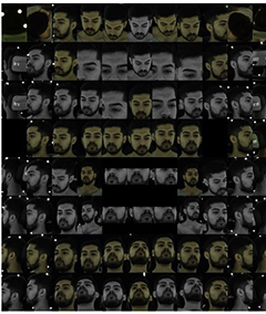 Grayscale camera-array capture grid showing a subject's face from many synchronized angles