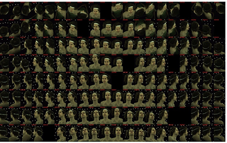 Color camera-array capture grid showing a subject's face and shoulders from many synchronized angles