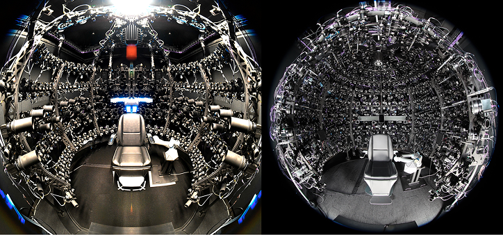 Two fisheye views inside the MUGSY capture dome, showing rings of cameras surrounding an empty operator chair