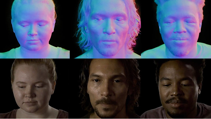 Comparison of Codec Avatar renders: relit 3D face captures above matching source photos of the same six people