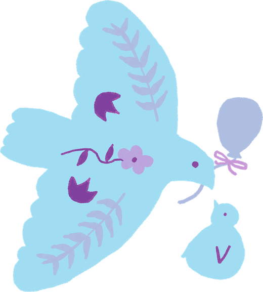 An illustrated blue dove carrying a balloon, with a small chick below