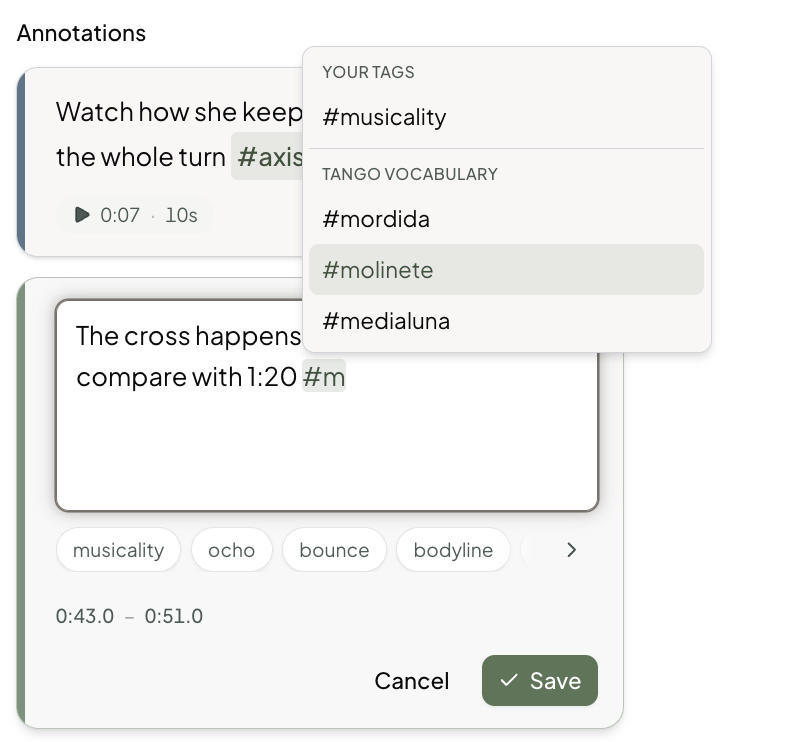 Tag autocomplete while editing a Tanmigo annotation: typing # surfaces the dancer's own tags first, then the shared tango vocabulary