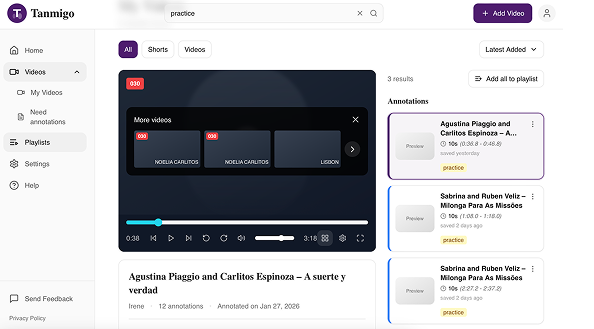 Tanmigo prototype in Lovable showing the video library and annotation panel
